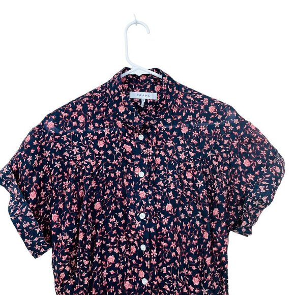Frame XS Navy Floral Short Sleeve Button Down Mini Shirt Dress w/Slip & Pockets - Picture 4 of 8
